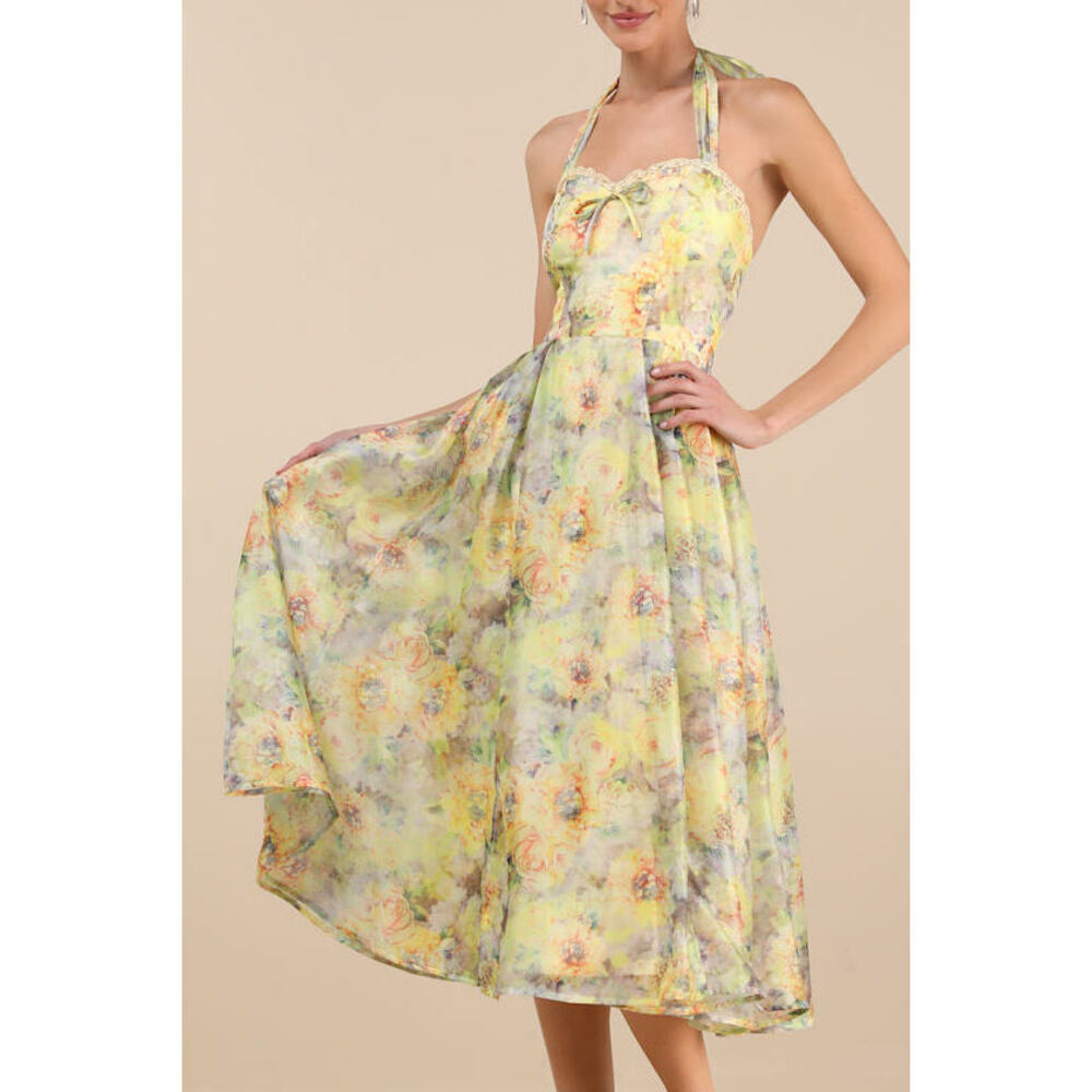 Lulus Galia Yellow Multi Floral Halter Midi Dress - Size XL